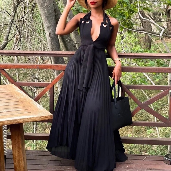 🌺 CASUAL SHEER MAXI DRESS LONG FLARE BLACK ELEGANT HALTER PLAIN SLEEVELESS - Picture 2 of 2